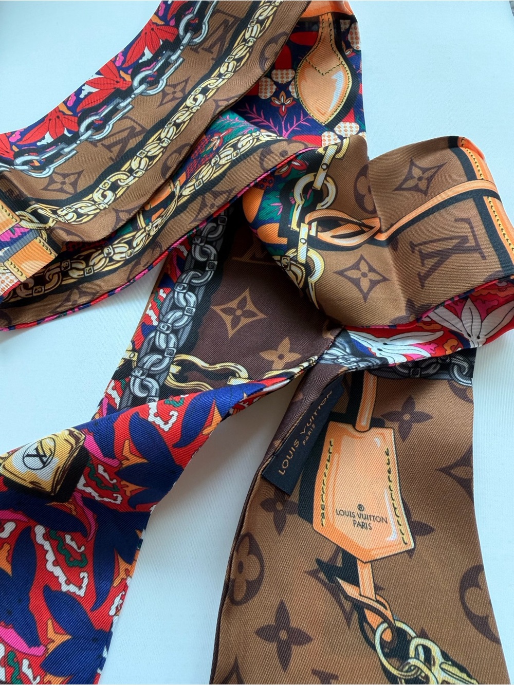 Louis Vuitton Brown Multicolor Silk Scarf with Chain & Monogram Motifs
